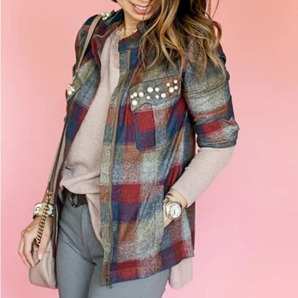 CAbi College Plaid Mother Of Pearl Zip Up Shacket Size M